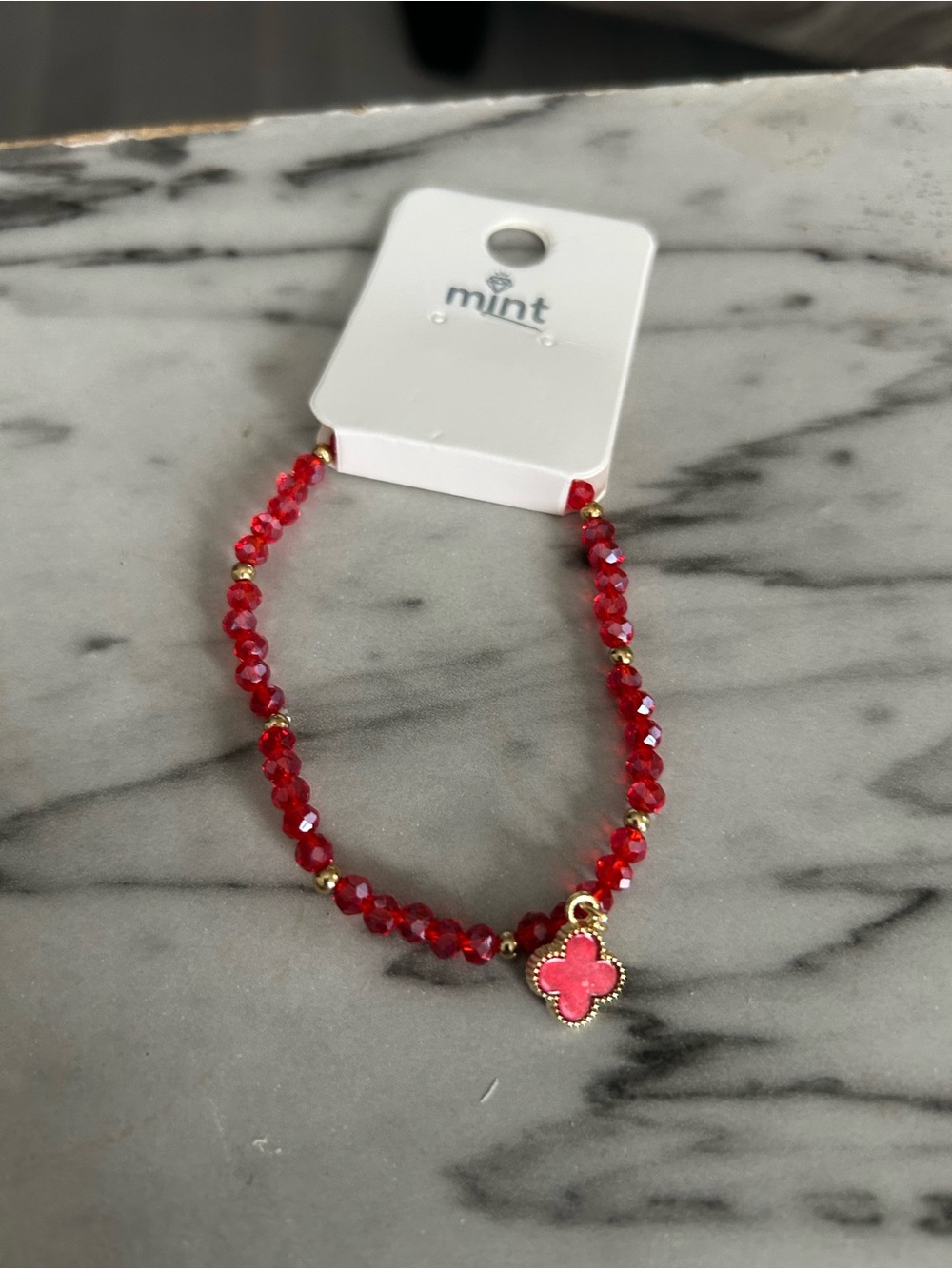 Mint Boutique Red Faceted Bead & Enamel Clover Charm Bracelet Gold Tone, New